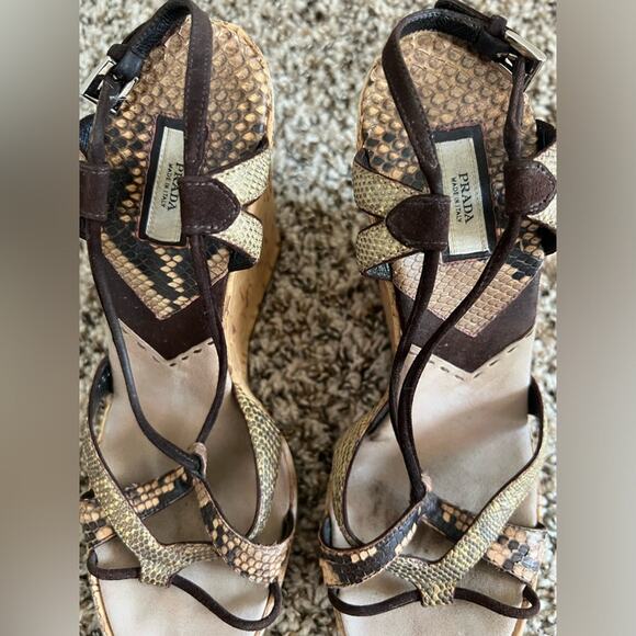 Prada Snake print strappy sandals cork wedge size 38.5 Chic Mob Wife - Picture 2 of 15